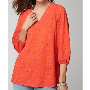 J.Jill Contrasting Eyelet Embroidered‎ Floral Tunic Orange Peel Fuchsia 2X